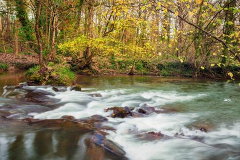 Water cascading over rocks on the Mells river. The Vallis Way walk, near Frome, Somerset